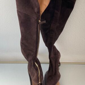 Over the knee brown Nine West suede gold back zipper boot